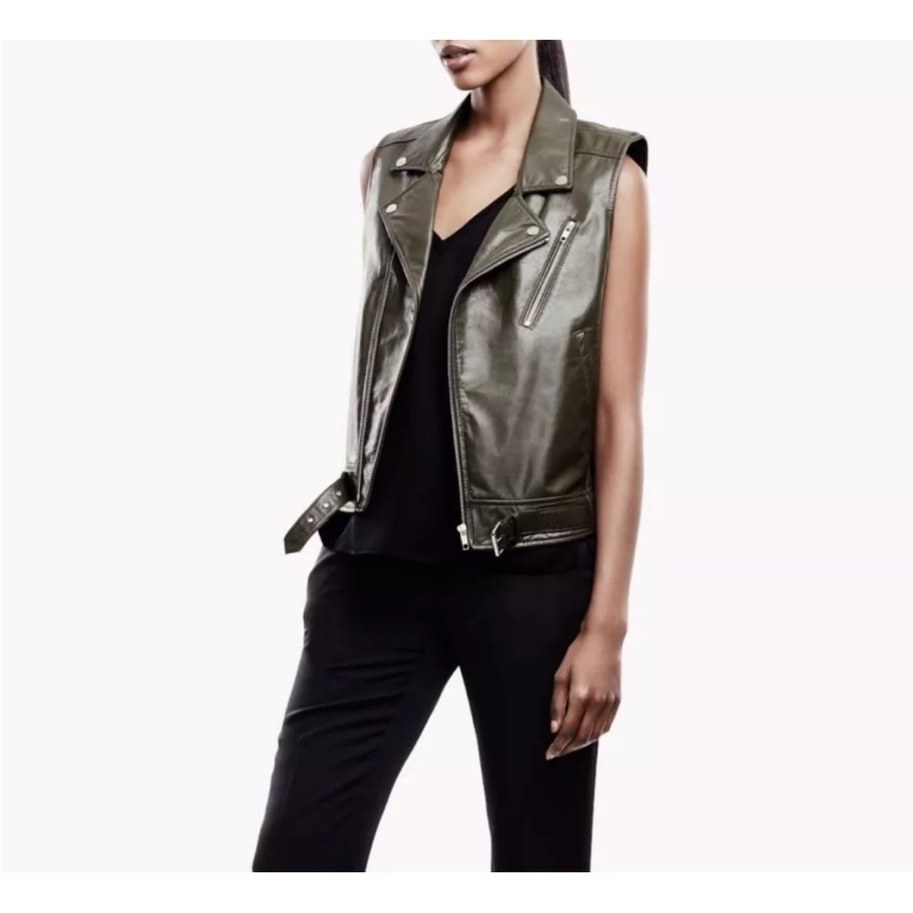 theory SAMISON Sleeveless Leather Moto Jacket in Green Size P $855